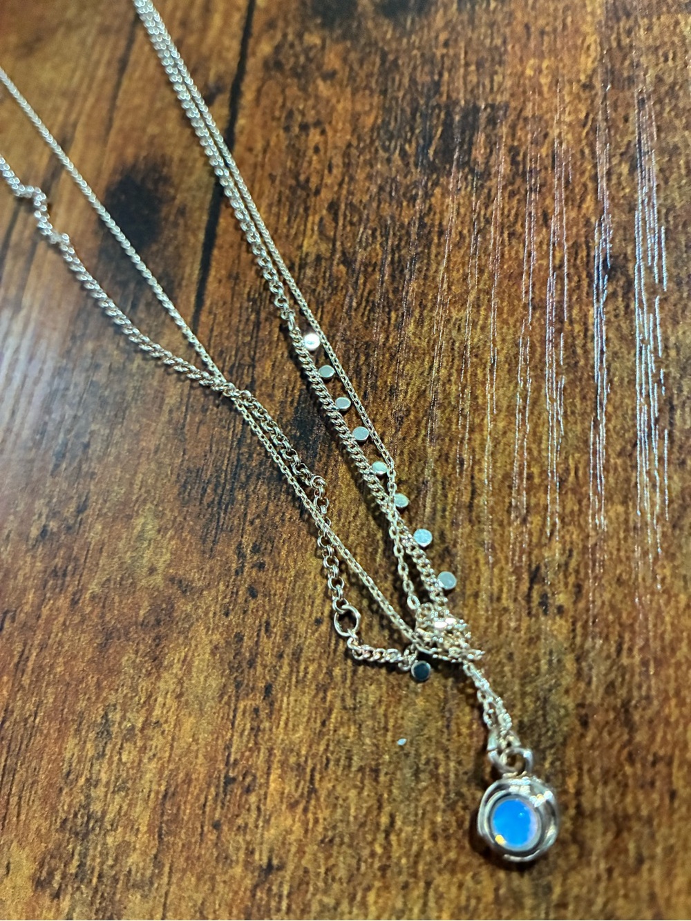Universal Thread Gold Toned Layered Necklace with Blue Opal Pendant
